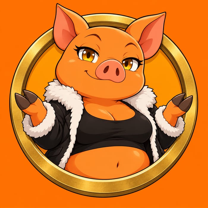 PigDeal's orange face with golden eyes, a broad rounded snout and a smug little smile.
